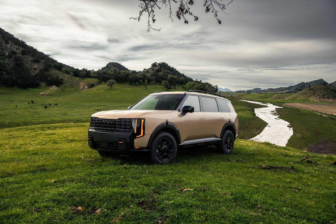 Front view of the redesigned 2027 Kia Telluride in a field